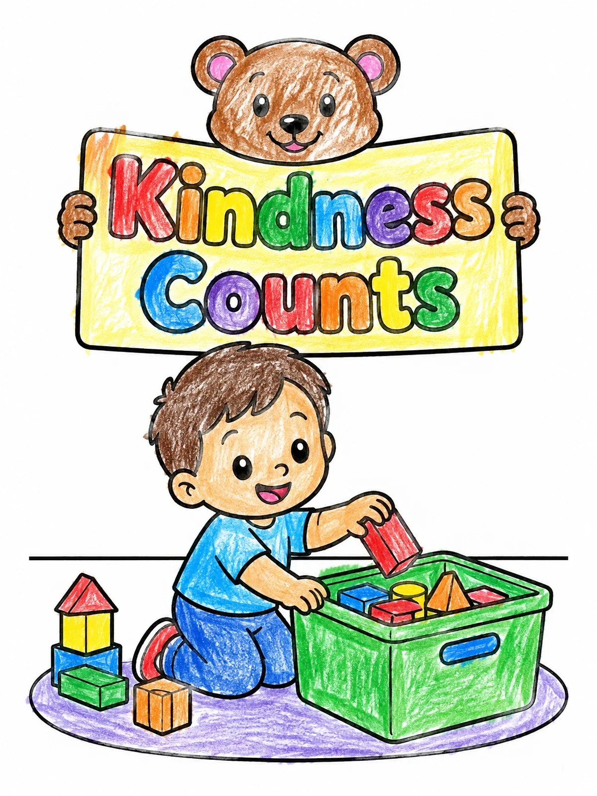 Colored example of the Tidying Toys And Kindness Sign coloring page