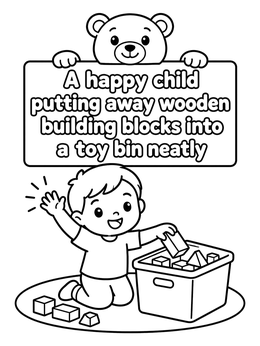 Free printable Child Tidying Toys With Teddy Bear coloring page