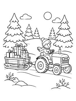 Free printable Child Driving Tractor With Christmas Sled coloring page