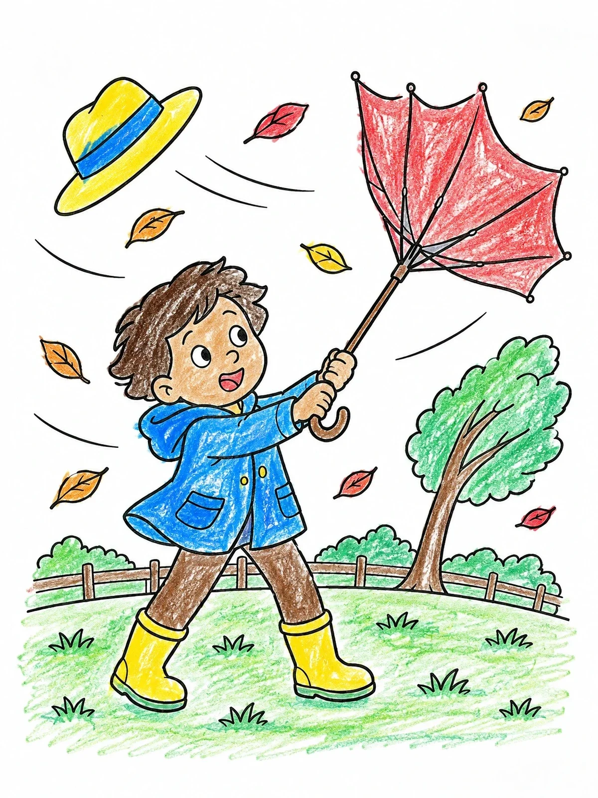 Colored example of the Child With Inside Out Umbrella In Wind coloring page