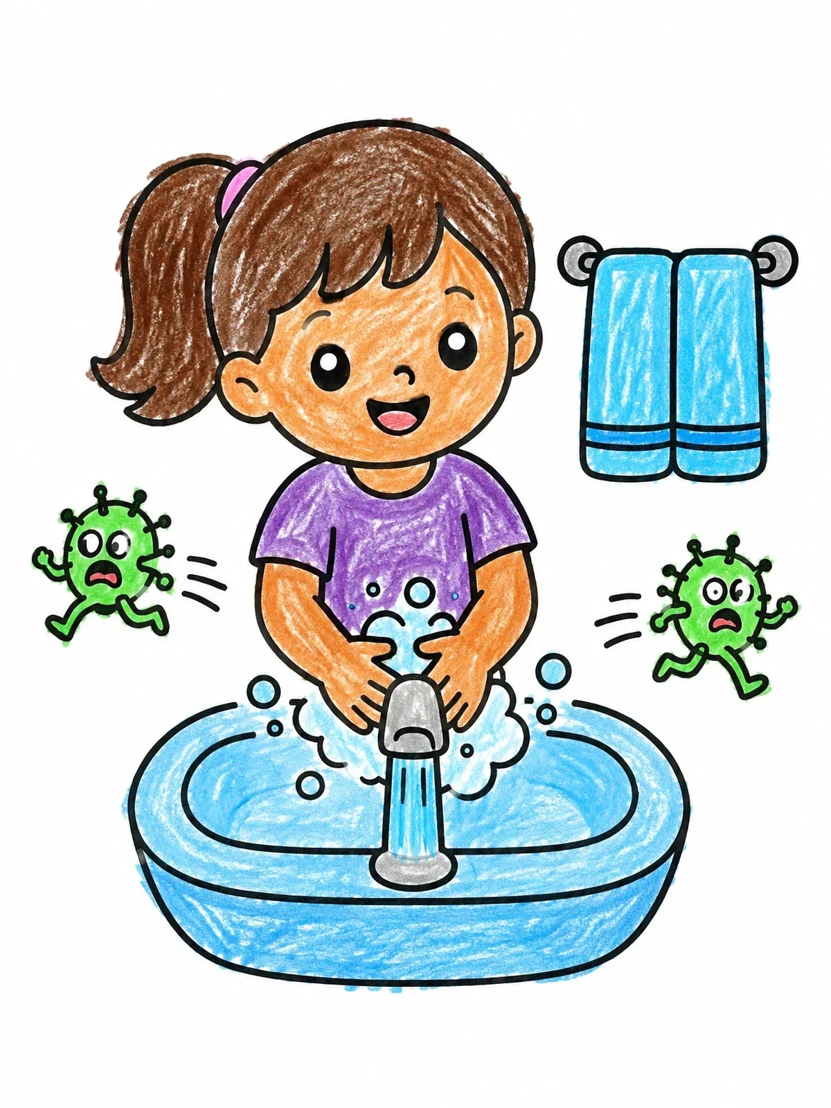 Colored example of the Child Washing Hands To Chase Germs coloring page