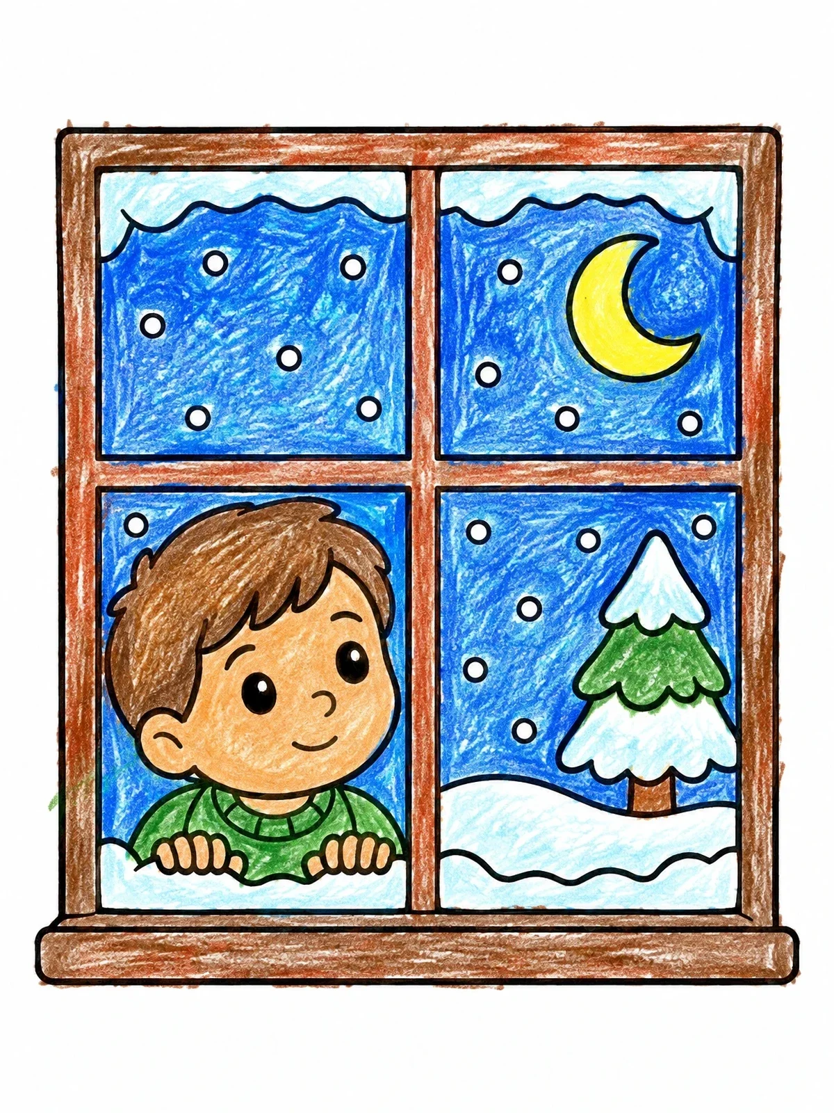 Colored example of the Child Watching Winter Night Sky coloring page