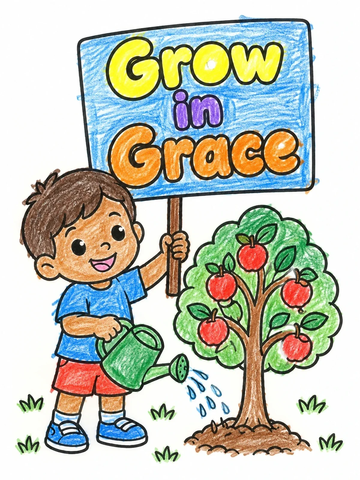 Colored example of the Child Watering A Fruit Tree coloring page