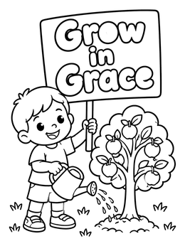 A cheerful boy waters a tree on this fruit of the spirit coloring page.