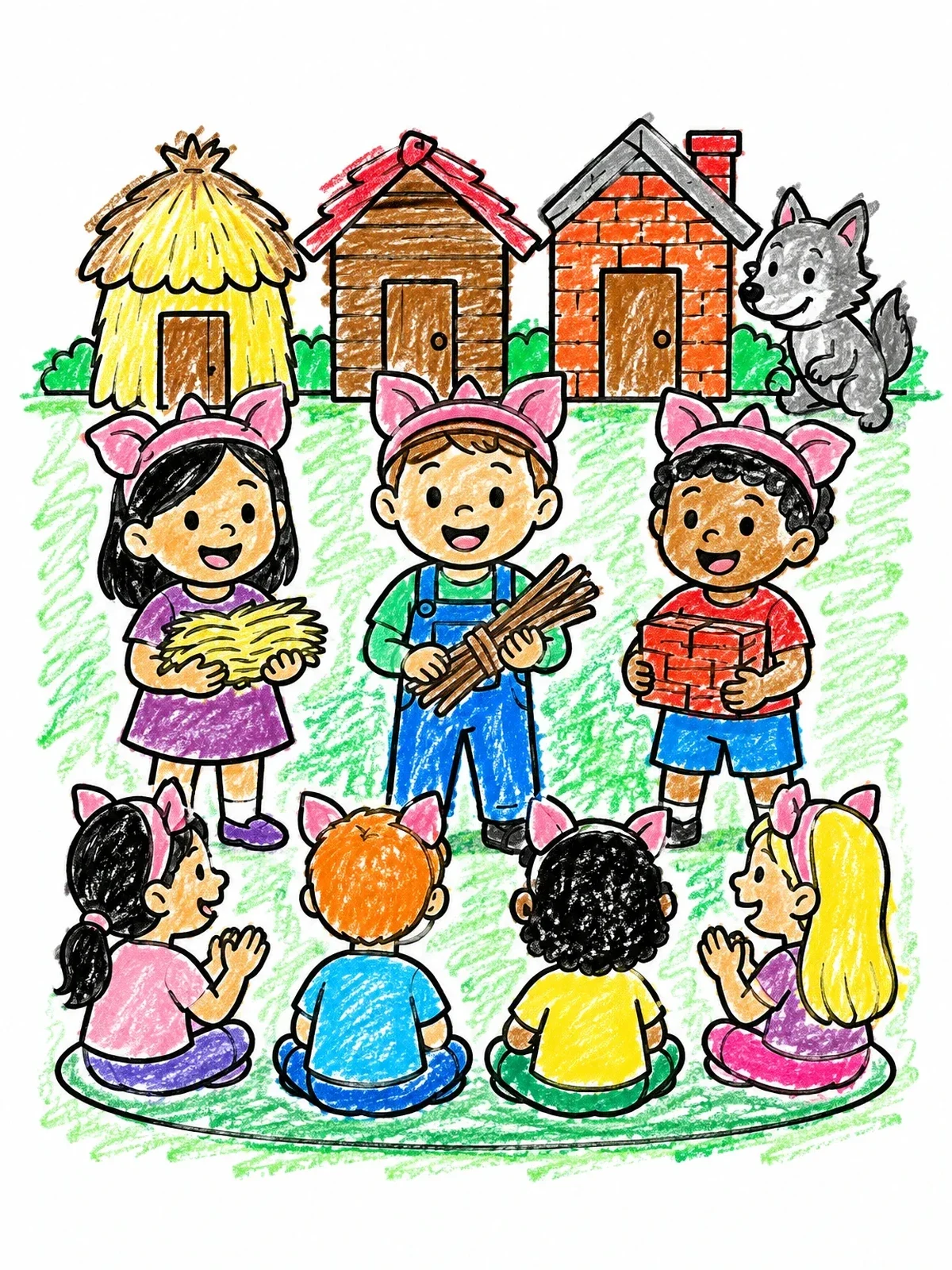 Colored example of the Children Acting Out The Three Little Pigs coloring page