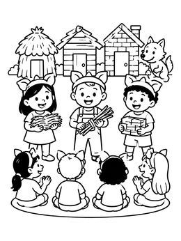 A sweet three little pigs coloring page showing children in pig headbands acting out the classic fairy tale story.