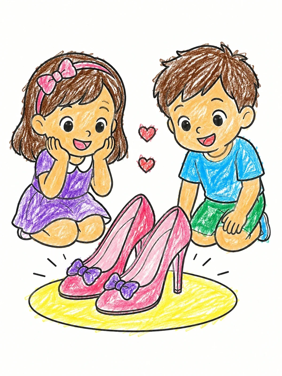 Colored example of the Children Admiring Bow High Heels coloring page