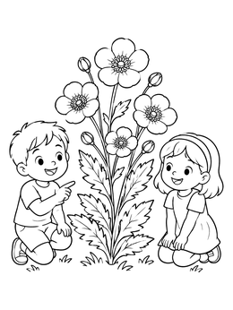 Free printable Children Admiring Buttercup Flowers coloring page