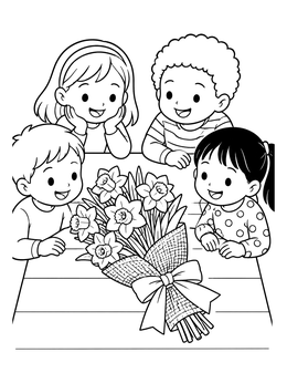Free printable Children Admiring A Daffodil Bouquet coloring page