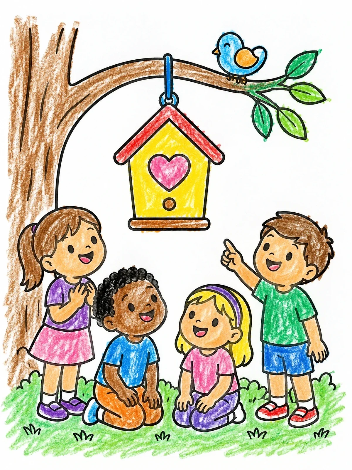Colored example of the Children Admiring A Garden Birdhouse coloring page