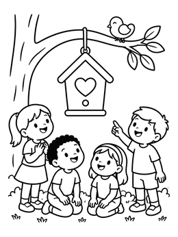 Free printable Children Admiring A Garden Birdhouse coloring page