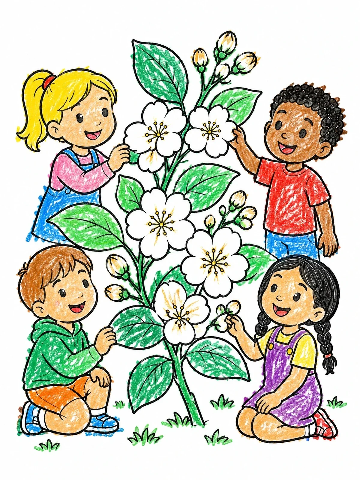 Colored example of the Children Admiring Orange Blossoms coloring page