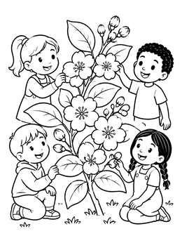 Free printable Children Admiring Orange Blossoms coloring page