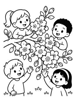 Free printable Children Admiring Spring Tree Blossoms coloring page