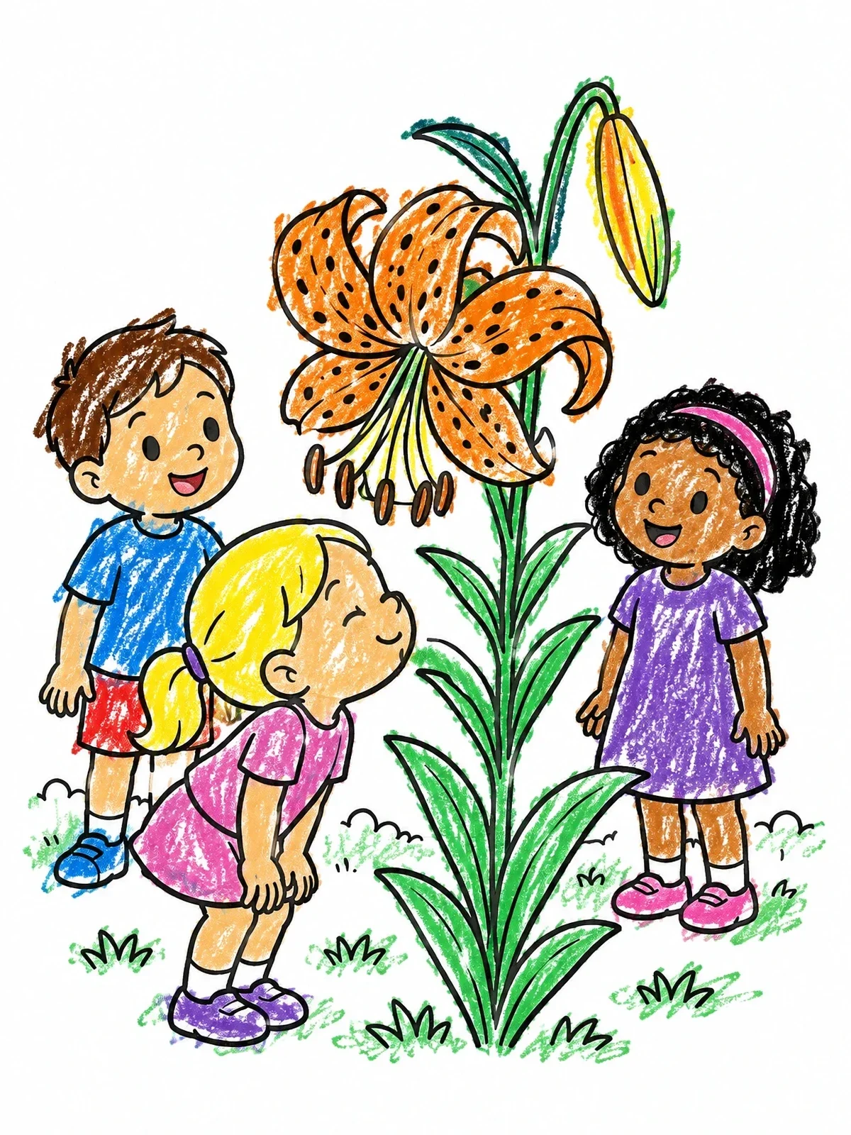 Colored example of the Children Admiring A Tiger Lily coloring page