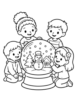 Kids gather around a snowman snowglobe coloring page.
