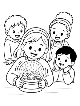 Free printable Children Admiring A Winter Snowglobe coloring page