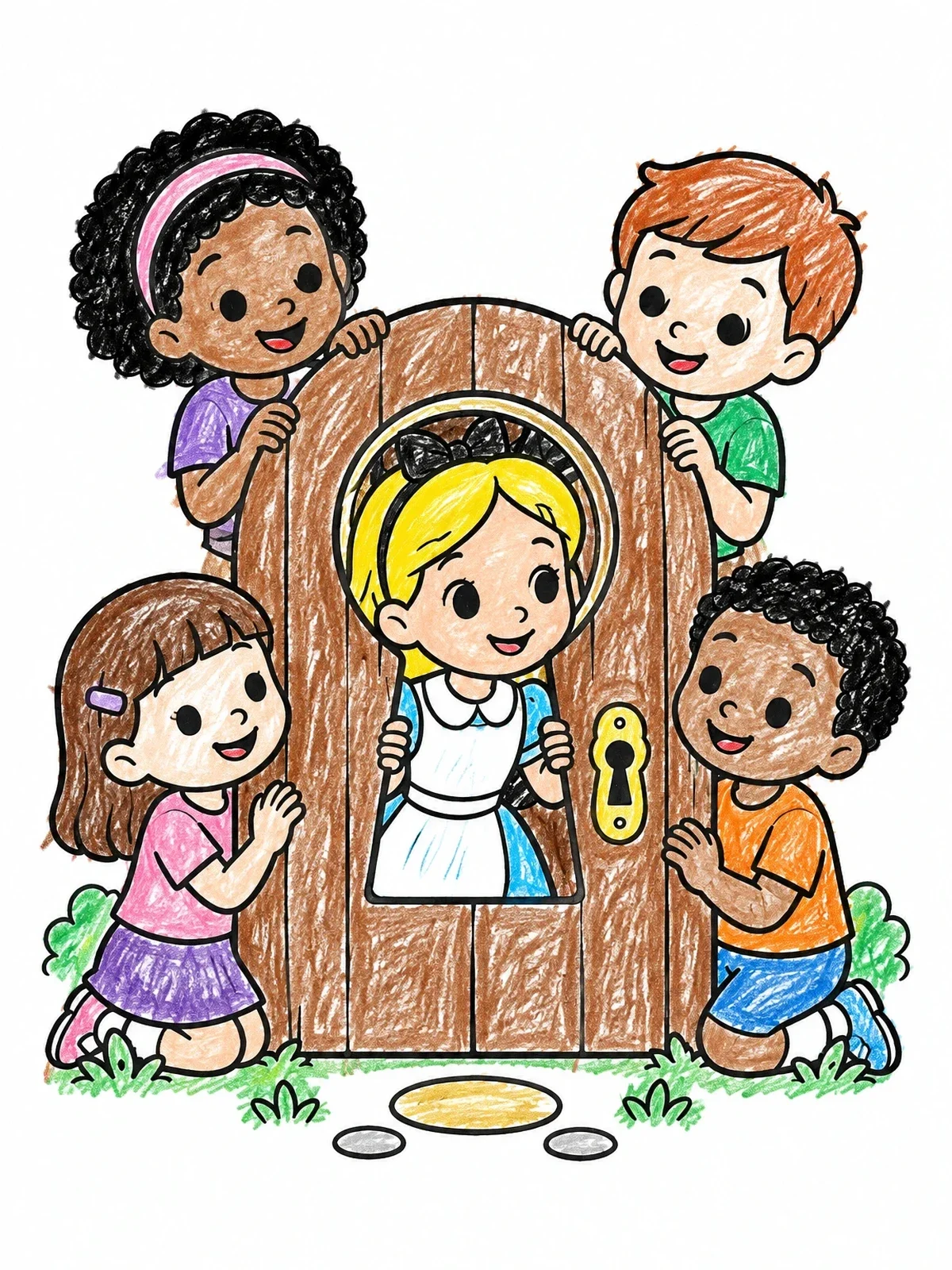 Colored example of the Children Peeking At Alice Through Keyhole coloring page