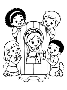 Children gathering around a door in this alice in wonderland coloring page.