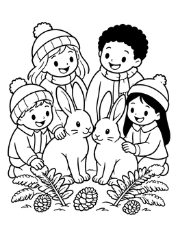 Free printable Children And Winter Hares Together coloring page