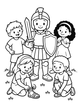Kids surround a friendly knight in this armor of god coloring page.