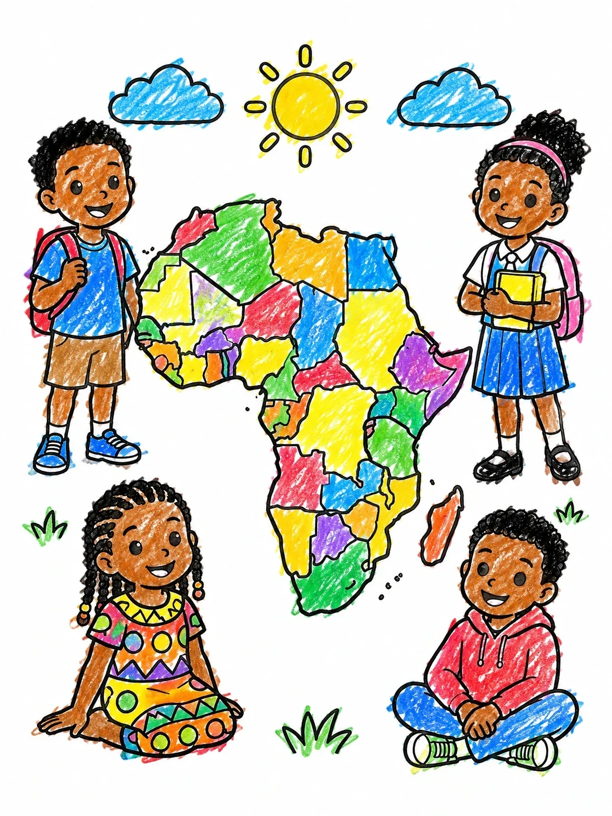 Colored example of the Children Around Africa Map coloring page