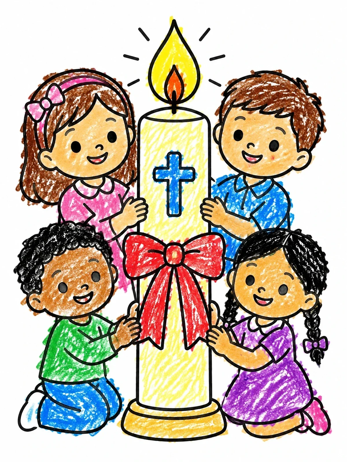 Colored example of the Children Around A Baptism Candle coloring page