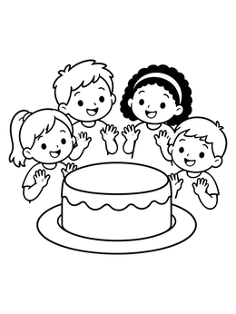 Four happy children gather around a large cake coloring page.