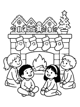 Free printable Children Sitting By The Christmas Fireplace coloring page