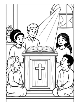 Free printable Children Gathered Around Church Pulpit coloring page