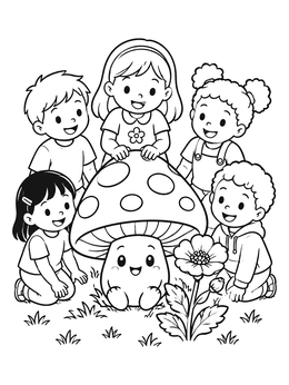 A group of happy children gathers around a smiling toadstool on this mushroom coloring page.