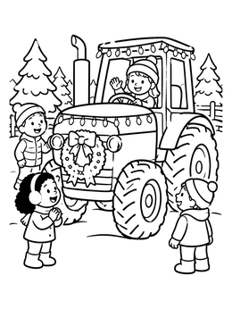 Free printable Children Celebrating With A Christmas Tractor coloring page