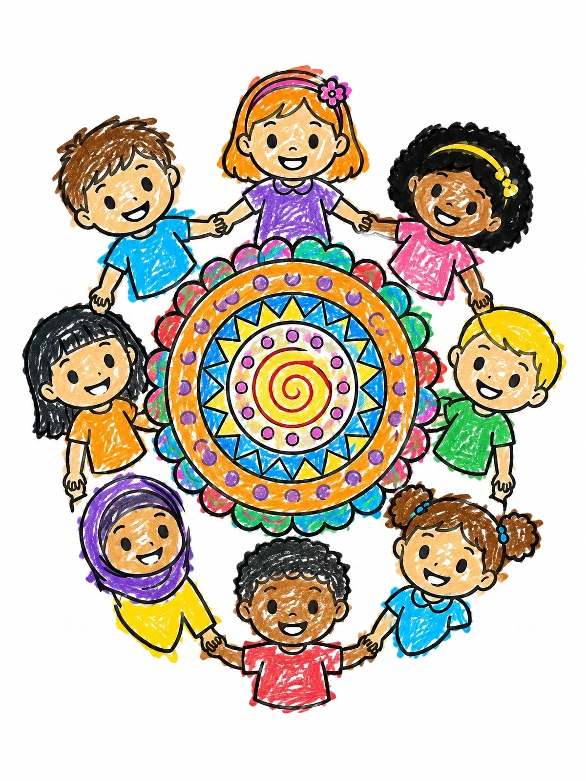 Colored example of the Children Holding Hands Around Dot Mandala coloring page