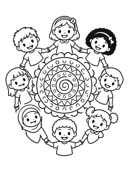 Free printable Children Holding Hands Around Dot Mandala coloring page