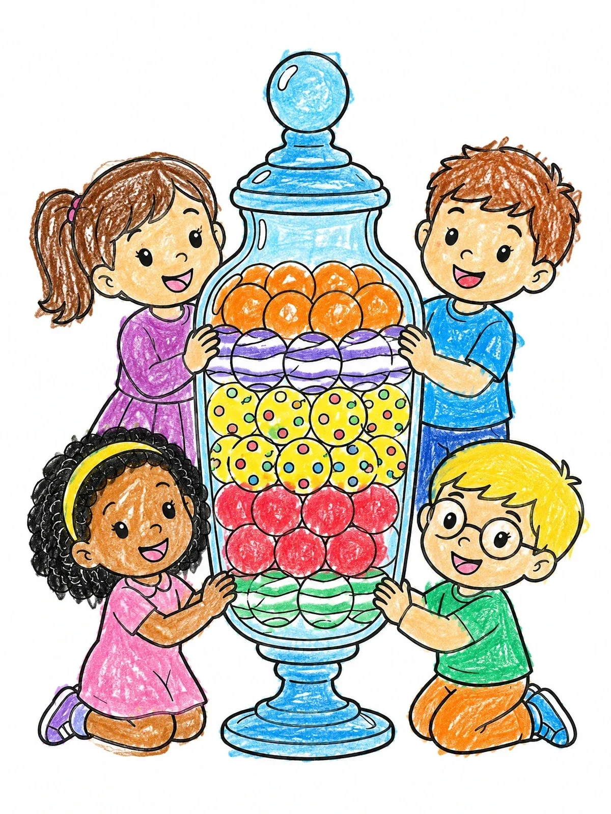 Colored example of the Children Around A Giant Candy Jar coloring page