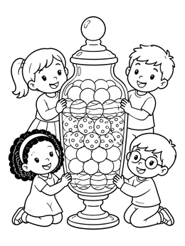 Happy children surround a giant bonbon jar in this candy coloring page.