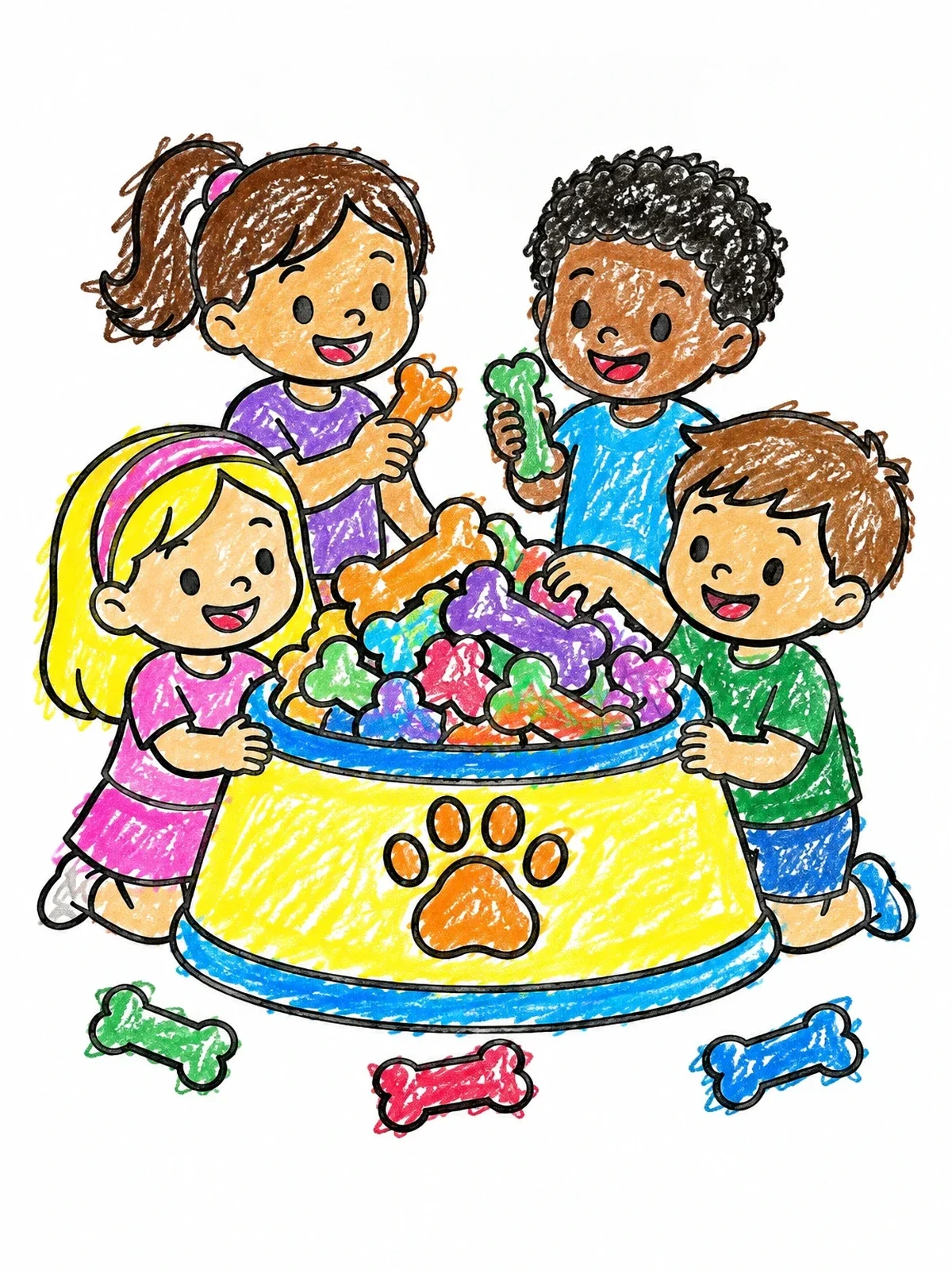 Colored example of the Children Around A Giant Dog Bowl coloring page