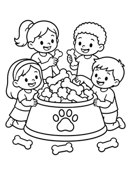 Free printable Children Around A Giant Dog Bowl coloring page