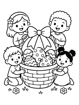 Happy children surround a large basket on this easter eggs coloring page.