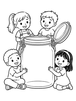 Free printable Happy Children Around A Giant Mason Jar coloring page