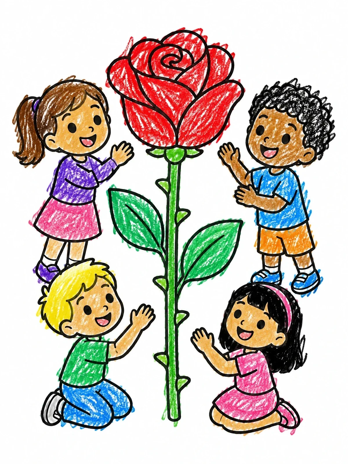 Colored example of the Children Around A Giant Rose coloring page