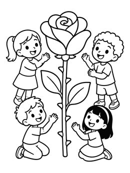Free printable Children Around A Giant Rose coloring page
