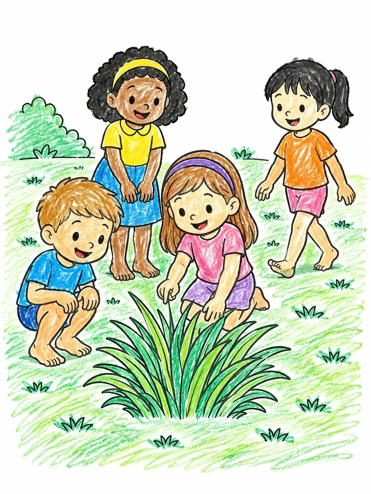 Colored example of the Children Discovering A Grass Clump coloring page