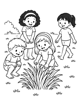 Free printable Children Discovering A Grass Clump coloring page