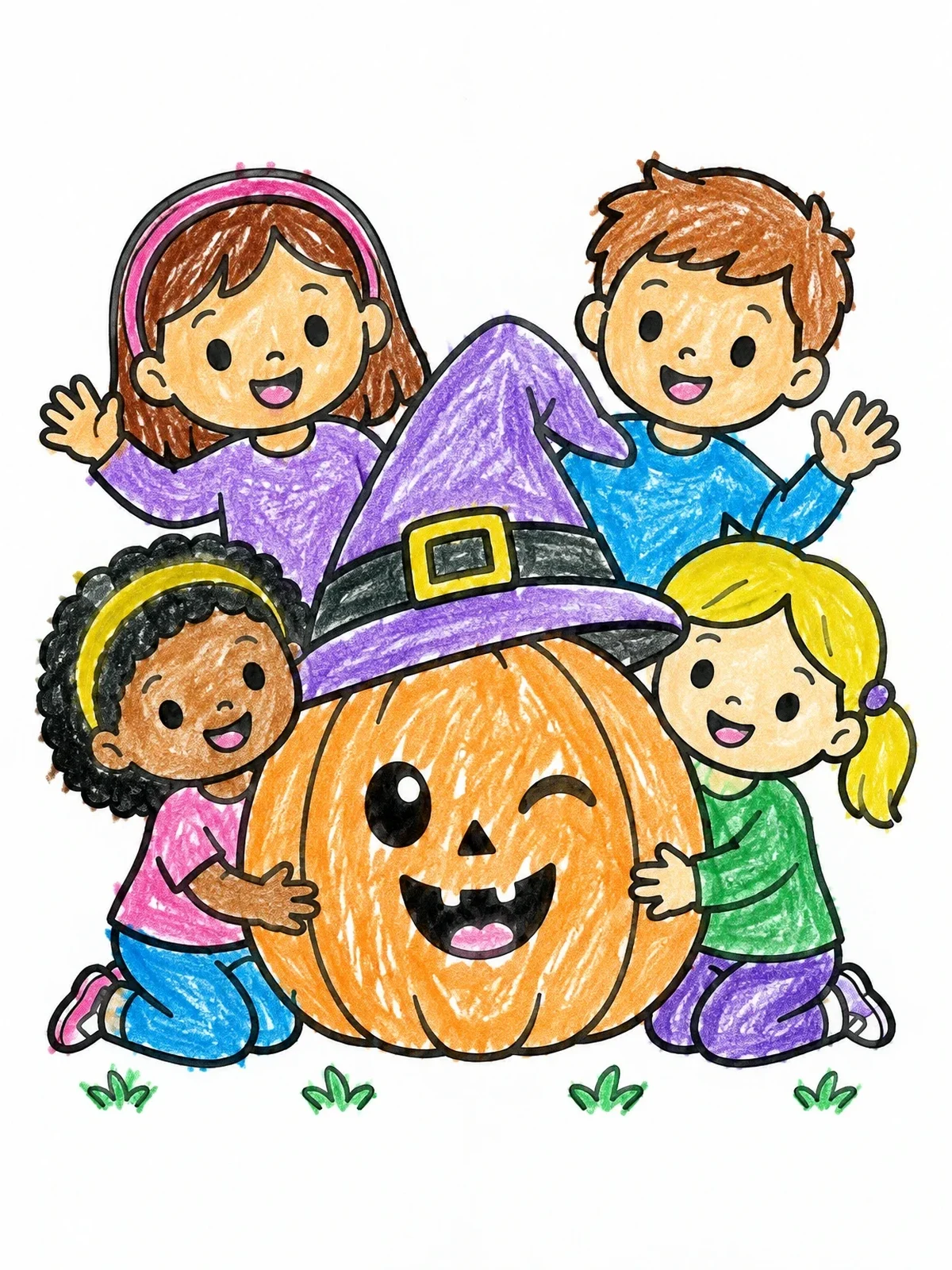 Colored example of the Happy Children Around Halloween Pumpkin coloring page