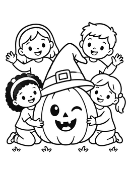 Free printable Happy Children Around Halloween Pumpkin coloring page