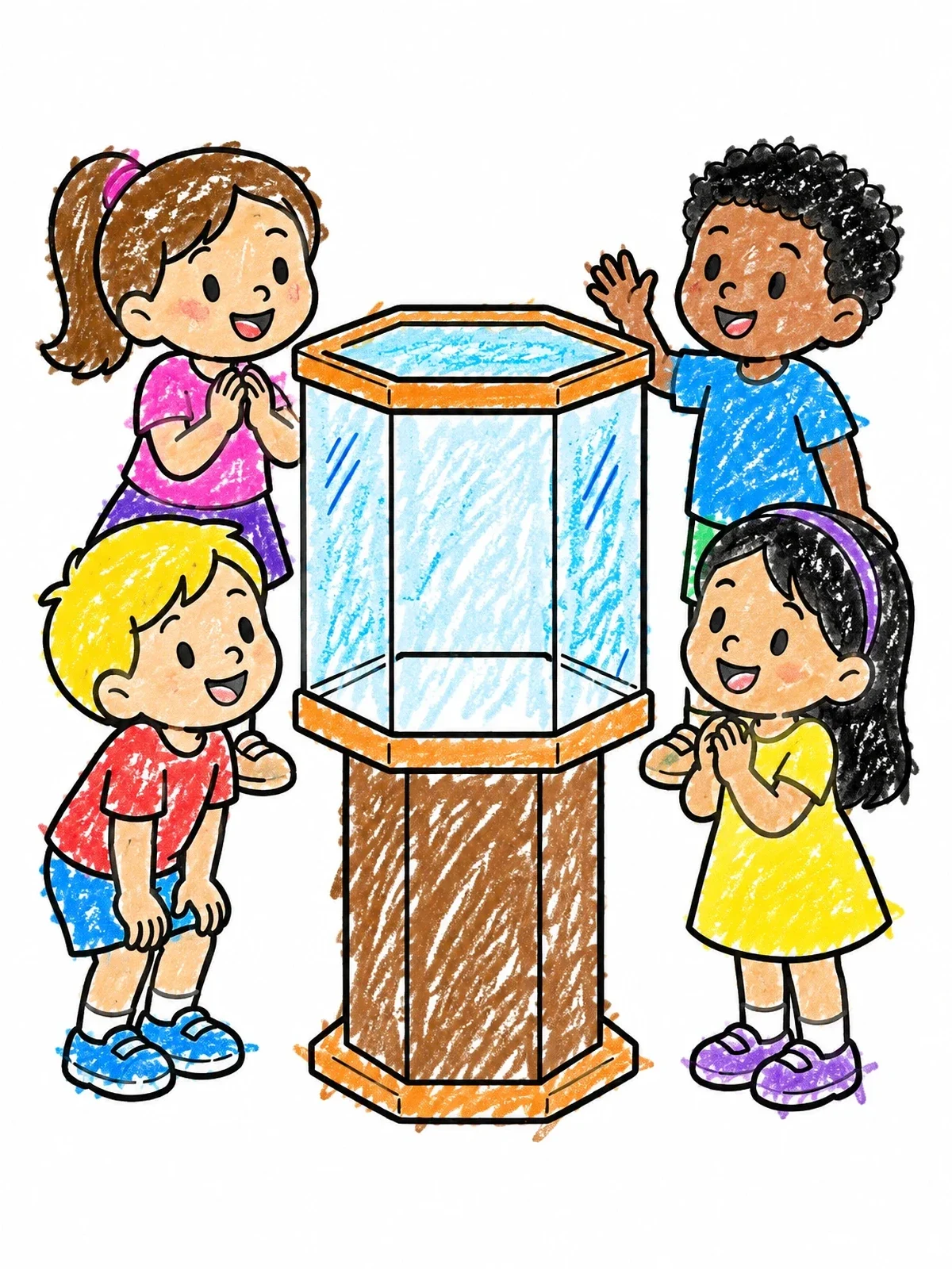Colored example of the Children Around An Empty Hexagonal Fish Tank coloring page
