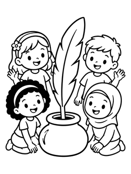 Free printable Children With Large Quill Pen And Inkpot coloring page
