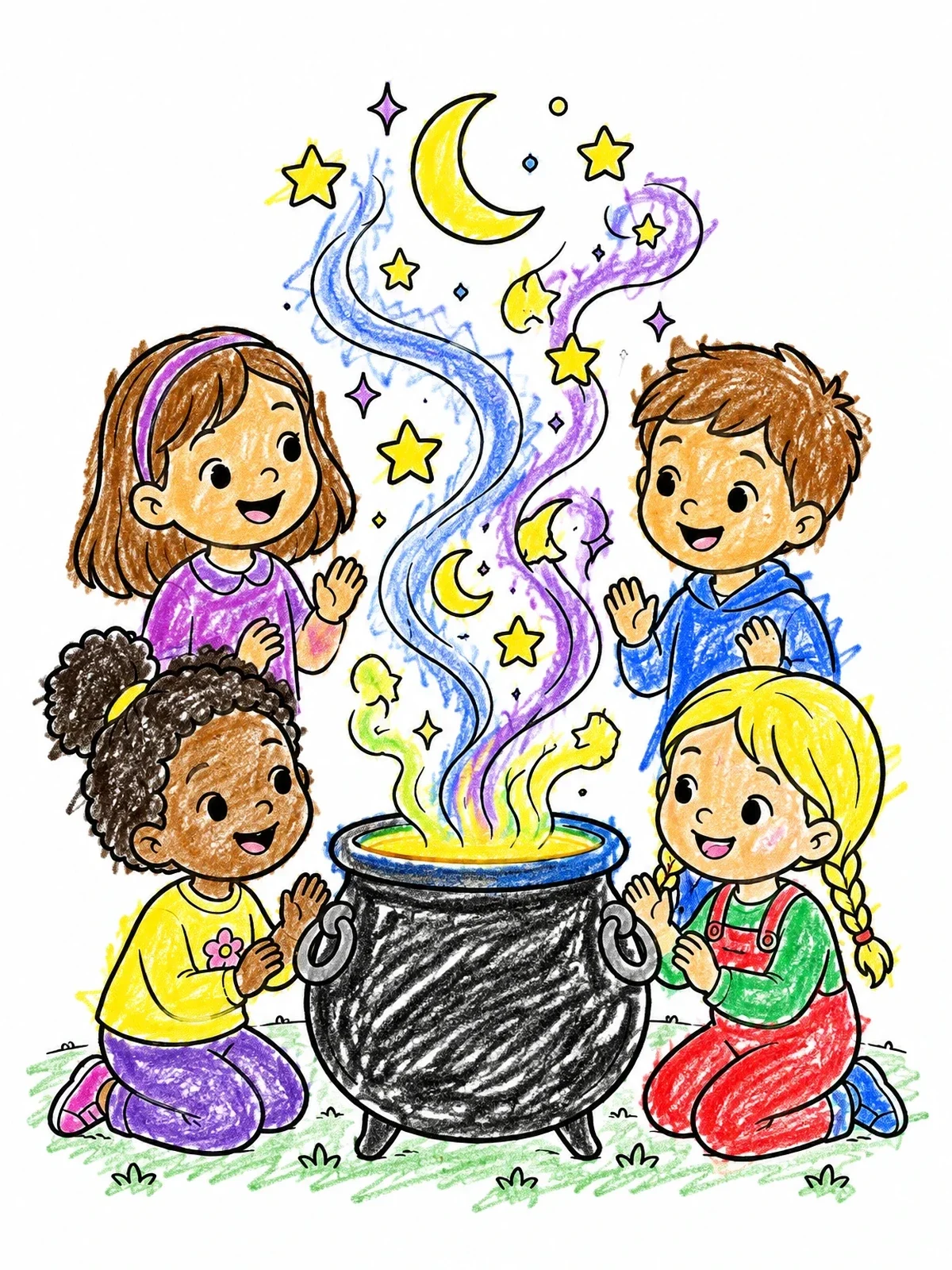 Colored example of the Children Watching Magic Cauldron Smoke coloring page