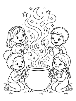 A magical witch coloring page showing four happy children gathered around a bubbling cauldron with star-shaped smoke.